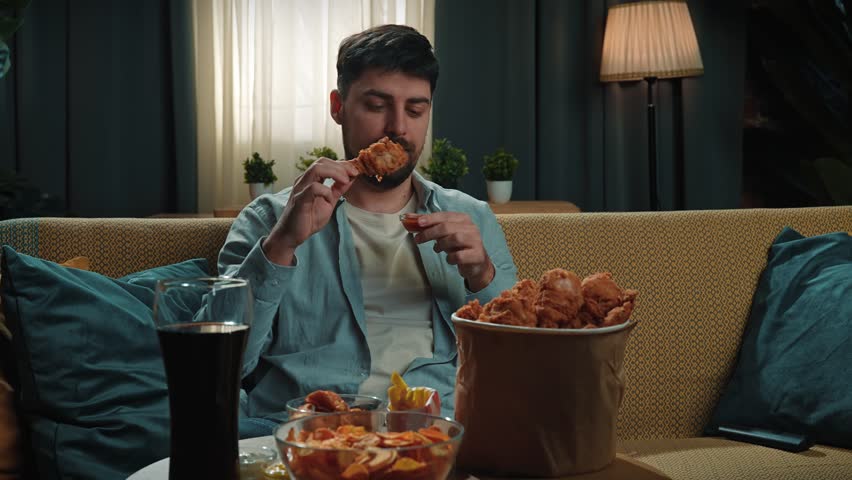 Junk food advertisement concept. Bearded man spending time at home with fast food delivery, sits on couch watching tv, takes fried chicken leg from a bucket and sauce portion. Slow motion