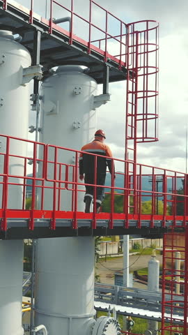 Aerial view gas station operator climbs to the top of the station. Modern gas complex in the mountains. A gas worker climbs the ladder of the gas distribution unit against the backdrop of mountainous