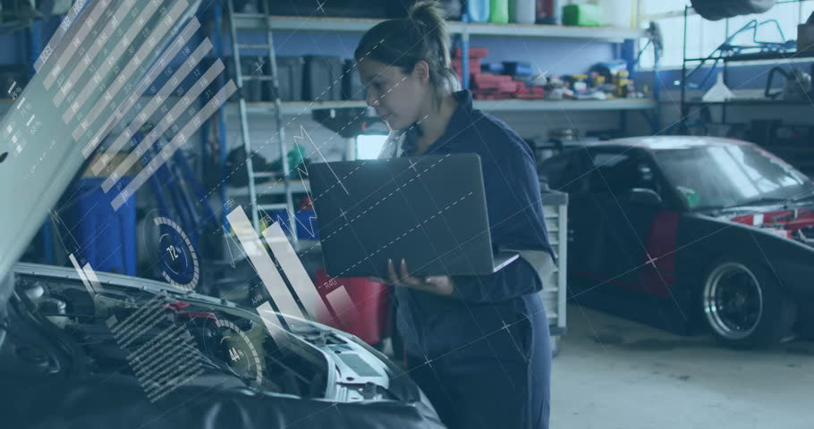 woman mechanic inspecting engine with laptop data and floating charts enhancing automotive workshop. Industrial, technical, modern, productivity, engineering, innovation, precision
