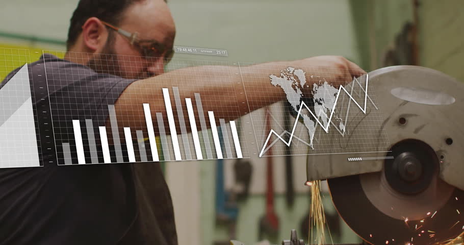 Metalworker operating circular saw in workshop, displaying analytics overlays with flying sparks. Industrial, technician, machinery, manufacturing, productivity, engineering, digital