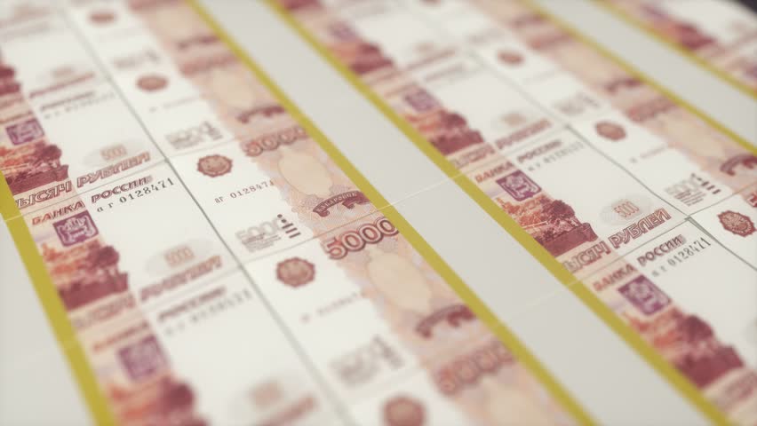 Loop Animation of Russian Ruble Banknotes in Printing Process