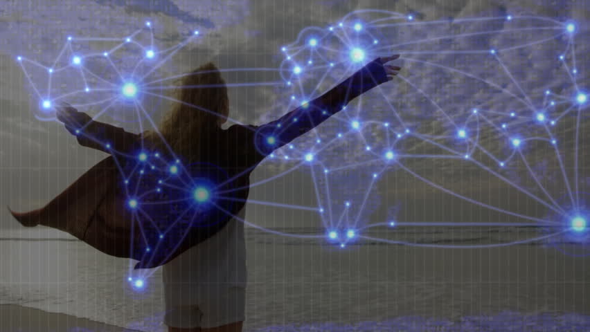 woman standing shoreline facing ocean, projecting global technology network map with glowing nodes. Scenic, futuristic, innovation, connectivity, exploration, adventure, digital