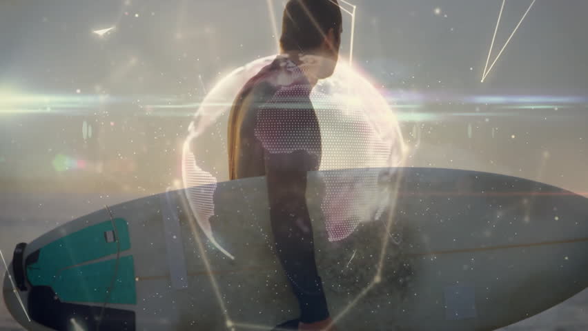 Man standing holding surfboard at shore, projecting glowing digital globe over waves for technology. Ocean, coastline, technology, futuristic, connectivity, innovation, adventure