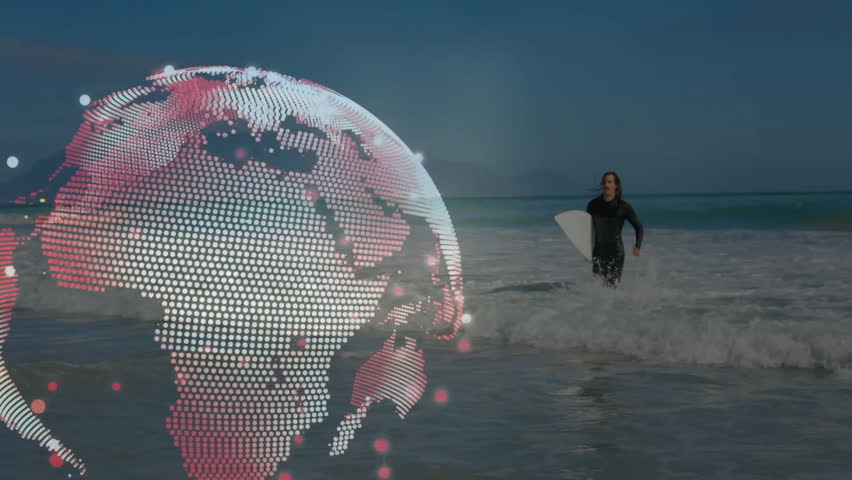 man in wetsuit running through ocean surf for technology project, overlaying holographic data globe. Adventure, innovation, digital, futuristic, athletic, explorative, travel