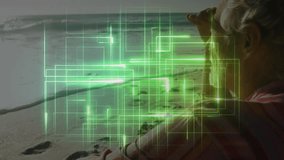 Senior man holding spyglass on sandy beach, showcasing green digital grid overlays for technology. Senior, exploration, innovation, viral, digital, futuristic, outdoor - Powered by Shutterstock - Get 15% off with code: PIKWIZARD15
