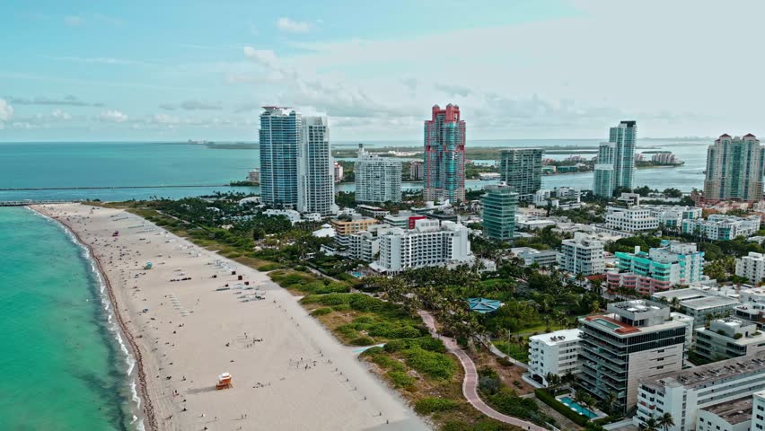 Miami Beach, South Beach. Miami Beach skyline. Miami cityscape, aerial view. Top view of Miami coastline, shore, waterfront near ocean. Luxury travel in USA. Ocean drive.