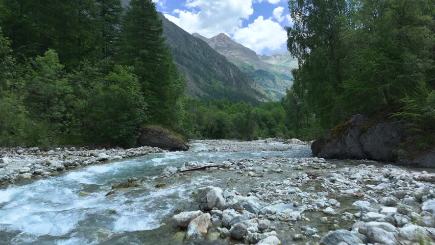 AERIAL: Alpine river cuts through a verdant valley, surrounded by rocky mountains and dense forest. Clear stream with small rapids flows under a partly cloudy blue sky in the wilderness of French Alps