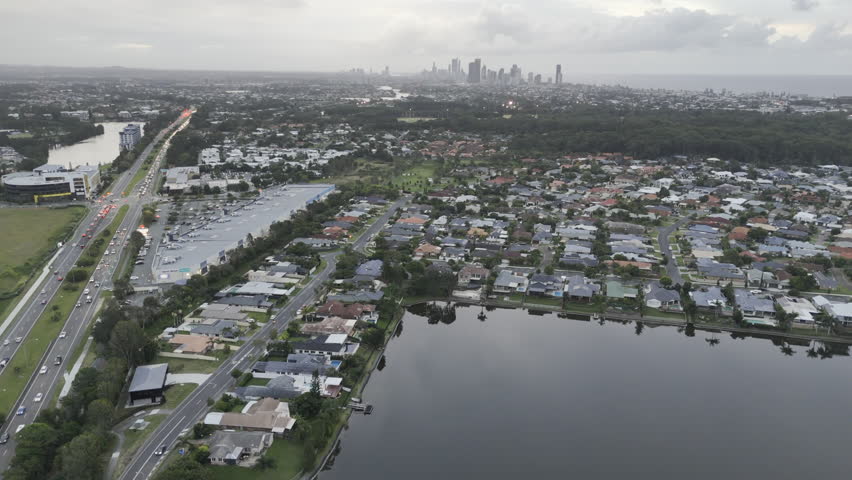 Aerial Highway Timelapse Of Surfers Paradise Gold Coast Day.Busy Motorway Car Traffic.Iconic Skyline View Of Broadbeach Skyscrapers Architecture Qld Australia