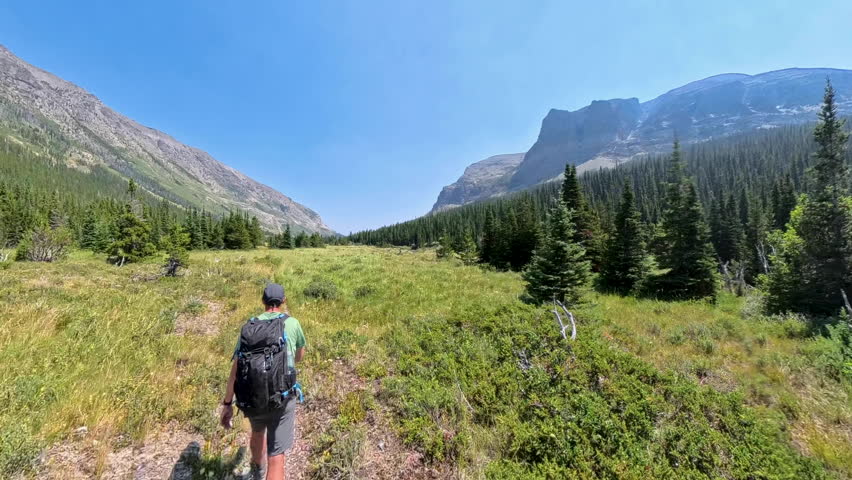 Man Hiking Through Grassy Meadow in Glacier National Park