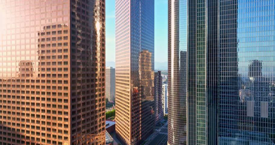 LA landscape. Los Angeles skyline with towering skyscrapers. Aerial view of Los Angeles with skyscrapers. A panoramic of Los Angeles skyline. Downtown Los Angeles. LA from drone.