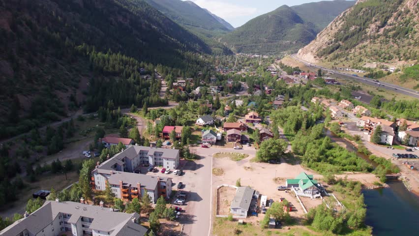 Aerial video of Georgetown Colorado. Camera is heading approximately south over the city.