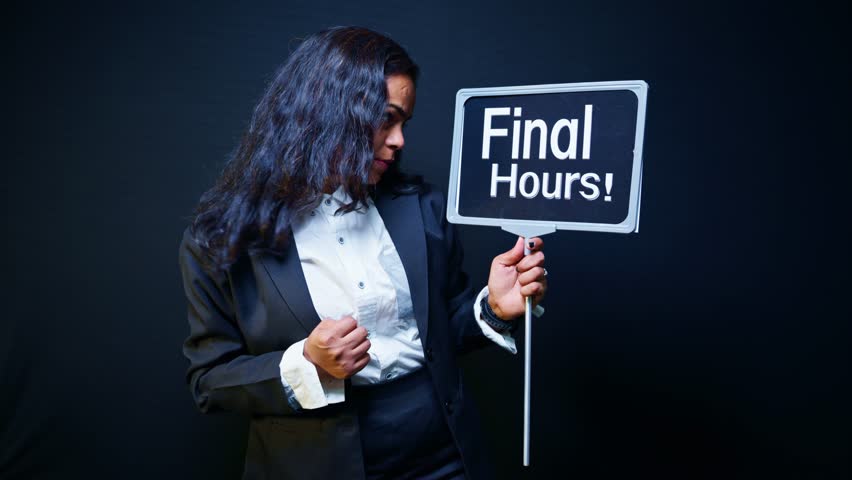 Model lady in suit hold signboard of final hours at mall, Sales girl display placard with Hurry Up near plaza, Advertiser waves banner stating deal closing by outlet, Promoter pointing last chance