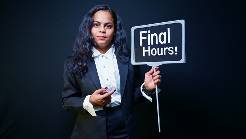 Sales girl display placard with Hurry Up near plaza, Model lady in suit hold signboard of final hours at mall, Advertiser waves banner stating deal closing by outlet, Promoter pointing last chance