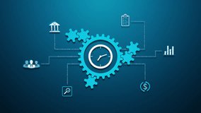 Clockwork business mechanism with central time gear and linked economy icons. Looping video and alpha channel for transparent background. - Powered by Shutterstock - Get 15% off with code: PIKWIZARD15