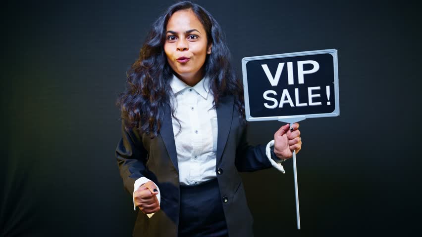 Model display promo board pointing VIP sale in mall, Retailer show placard indicates luxury discount at outlet, Presenter waves banner announcing Special Price, Marketer raise poster, Priority Offer