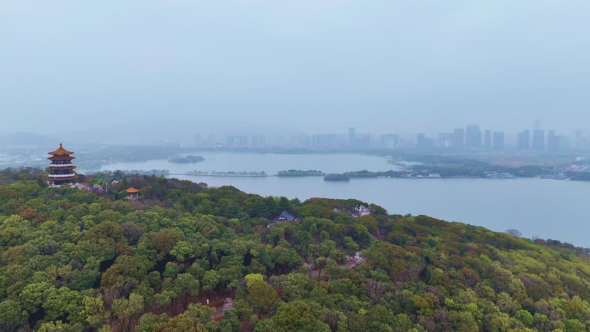 Aerial View of the Yuantouzhu Scenic Area of Taihu Lake in Wuxi, Jiangsu Province, China