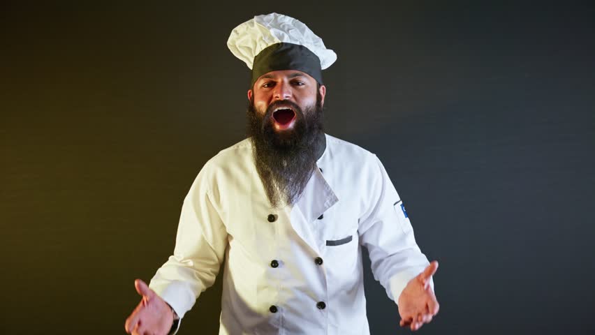 Hotel chef in uniform explaining dish at buffet happily, Food stall cook with robe sharing recipe by market warmly, Diner artist into hat speaking of his meal, Expert behind counter reveals taste