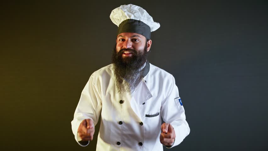 Food stall cook with robe sharing recipe by market warmly, Hotel chef in uniform explaining dish at buffet happily, Diner artist into hat speaking of his meal, Expert behind counter reveals taste