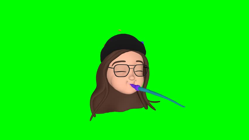 3D green screen animation of a female emoji character doing party and peace hand gestures. Ideal for fun, celebration, digital stickers, or social media content.