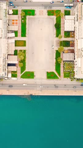 Vertical video. Thessaloniki, Greece. Aristotle s Square. Panorama of the central part of the city. Summer, Aerial View. Rich colors