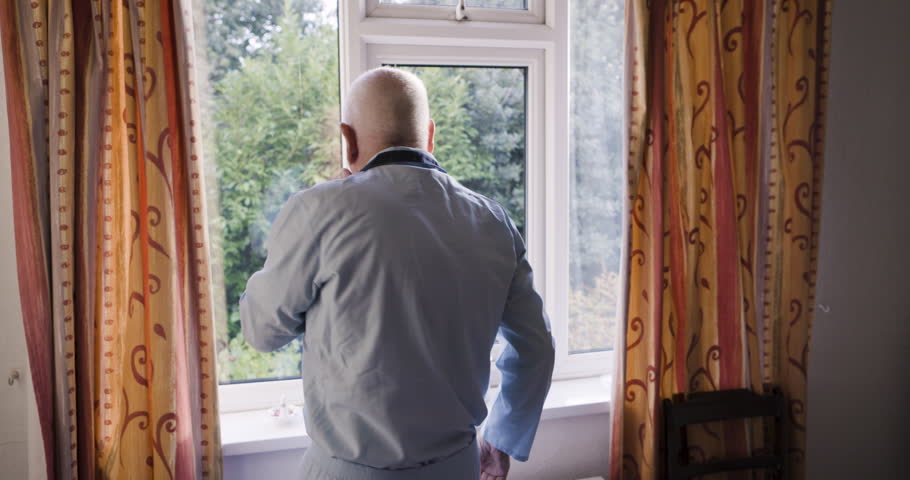 Senior man, morning and opening window curtain to wake up, relax and welcome light in room during retirement while thinking about plans, pension or memory. Old person in home bedroom for outdoor view