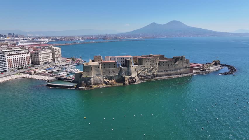 Dell Ovo Castle At Naples In Campania Italy. Downtown Cityscape. Gulf Of Naples Landscape. Dell Ovo Castle At Naples In Campania Italy. Medieval Castle. Skyline Medieval Building. Italy Landscape.