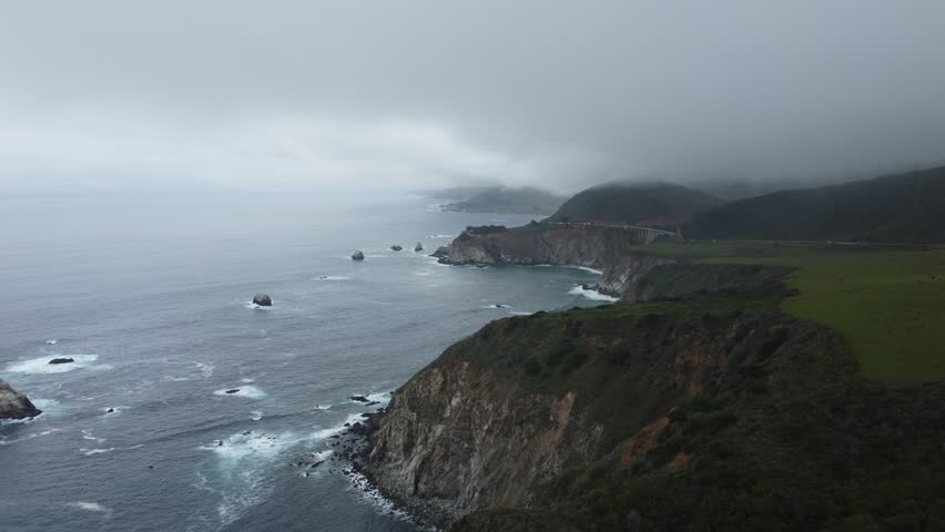 Thick White Marine Layer Blanketing The Coastal Mountains Of Big Sur, California.