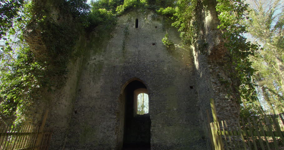 wide shot looking up the bell tower of the derelict Saint Mary