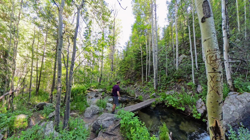 Man Walks Across Bridge Over Creek In Rocky Mountain National Park