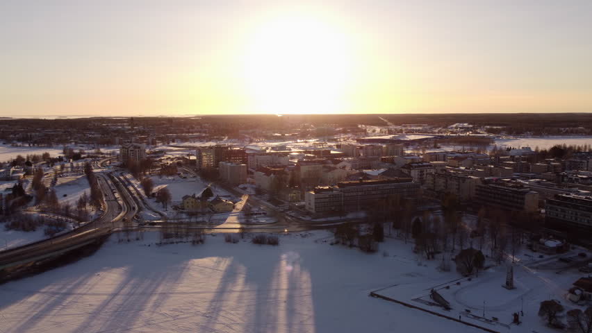 Snow-Covered Tornio Town During Winter In Lapland, Finland. Aerial Drone Shot