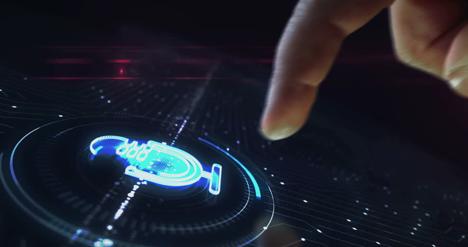 Microphone media on air broadcast and audio record symbol digital abstract 3d concept. Finger touch screen. Cyber technology and network background. Man pushes computer display.
