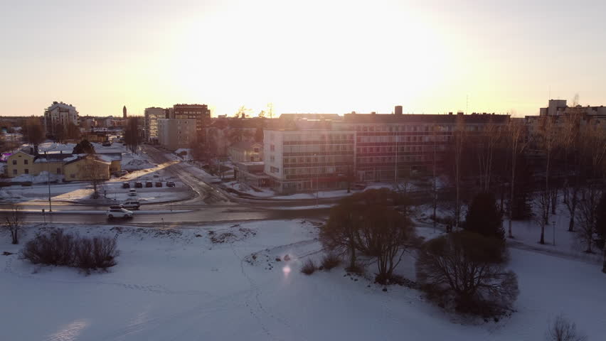 Tornio City And Municipality At Sunset During Winter In Lapland, Finland. Aerial Wide Shot