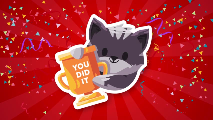 You did it greetings motivational cartoon racoon holding sign with confetti burst appreciation fun message for kids children red background