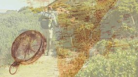 Male hiker trekking uphill via scrubland, tracking travel path with map and compass overlay. Adventure, exploration, navigation, outdoor, rugged, wilderness, topography - Powered by Shutterstock - Get 15% off with code: PIKWIZARD15