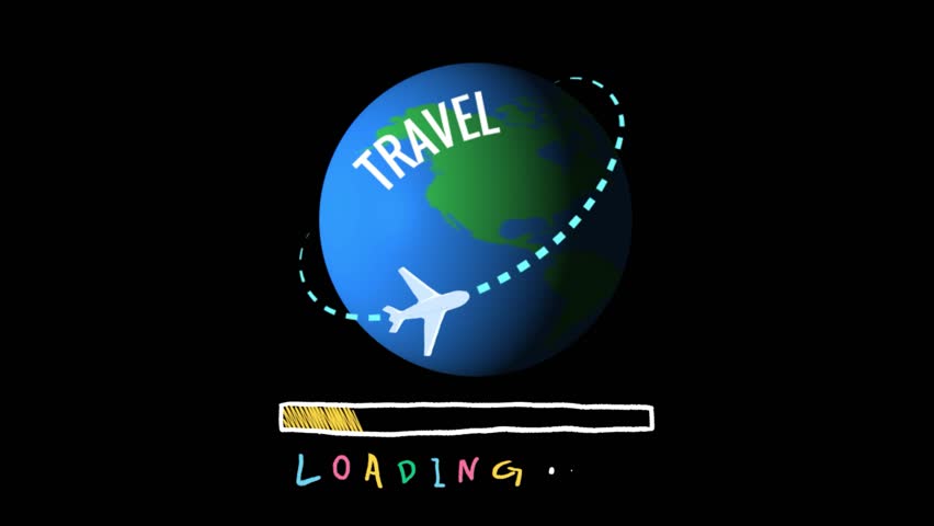 Creative travel-themed illustration showing a globe with a dashed flight path and a "Travel Loading" message. Perfect for representing upcoming trips, vacations, or travel planning concepts.