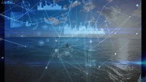 man holding surfboard facing ocean on beach, with holographic technology network and bar charts. Beach, ocean, surfer, technology, holographic, data visualization, futurism - Powered by Shutterstock - Get 15% off with code: PIKWIZARD15