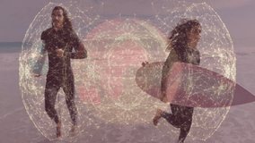 Two surfers running into shallow surf at beach, displaying global network overlay for technology. Adventure, friendship, vitality, coastline, connectivity, sport, youthful - Powered by Shutterstock - Get 15% off with code: PIKWIZARD15