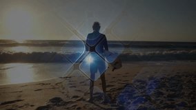 Senior surfer holding surfboard standing on beach at sunset, with tech overlay showing diamonds. Senior, coastal, tranquility, leisure, reflection, minimalist, vibrant - Powered by Shutterstock - Get 15% off with code: PIKWIZARD15