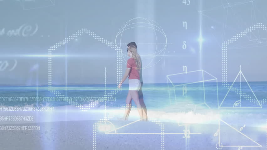 man walking barefoot near woman holding smartphone, displaying tech hex grids, glowing lines, code. Digital interface, augmented reality, futuristic design, beach leisure, technology integration, - Powered by Shutterstock - Get 15% off with code: PIKWIZARD15