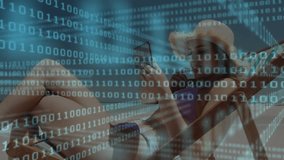 Woman using smartphone on sandy beach, showing animated binary code overlay for technology theme. Beachwear, leisure, digital, relaxation, outdoor, sunlight, technology - Powered by Shutterstock - Get 15% off with code: PIKWIZARD15