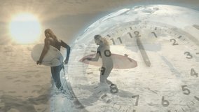 Surfers wading into ocean at sunrise, carrying boards, featuring animated clock, globe for tech ad. Adventure, camaraderie, serenity, harmony, exploration, outdoor, vibrant - Powered by Shutterstock - Get 15% off with code: PIKWIZARD15