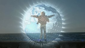 woman raising arms on shore, celebrating technology with glowing binary and circuit globe overlay. Futuristic, innovation, connectivity, digital, exploration, serenity, visualization - Powered by Shutterstock - Get 15% off with code: PIKWIZARD15