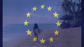 woman walking along tropical beach with surfboard, showcasing travel campaign with EU stars overlay. Vacation, adventure, leisure, ocean, tranquility, nature, rendezvous - Powered by Shutterstock - Get 15% off with code: PIKWIZARD15