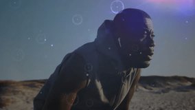 Male athlete leaning forward on sandy ground showing digital lines and nodes for sports technology. Solitude, endurance, resilience, biomechanics, digital interface, futuristic, outdoor - Powered by Shutterstock - Get 15% off with code: PIKWIZARD15
