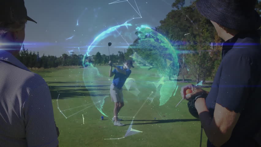 Family members watching woman swinging golf club fairway showing technology holographic data globe. Sports, leisure, technology, analysis, outdoor, harmony, elegance - Powered by Shutterstock - Get 15% off with code: PIKWIZARD15