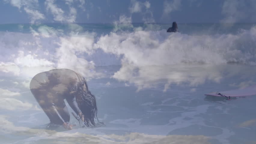 Friends paddling and flipping hair in ocean surf, with animated health data overlays. Surf, adventure, camaraderie, nature, freedom, outdoor, energetic