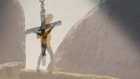 woman balancing barefoot on fallen log between granite boulders, showing technology data overlays. Adventure, wilderness, exploration, outdoor, rugged, nature, serenity - Powered by Shutterstock - Get 15% off with code: PIKWIZARD15