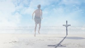 Male surfer running along shore toward sea with surfboard showing animated health data, heart icon. Beach, surf, coastal, outdoor, adventure, vitality, relaxation - Powered by Shutterstock - Get 15% off with code: PIKWIZARD15
