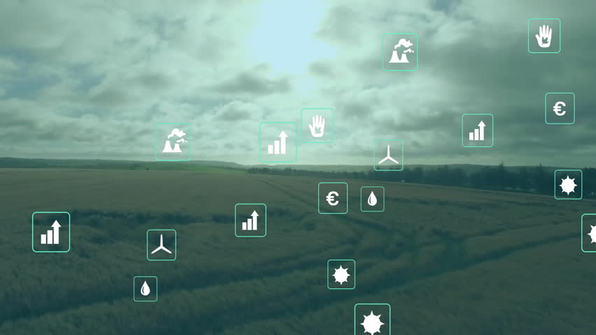 Agricultural field showing environmental analytics in elevated view, with green flat design icons. Sustainable, ecology, analytics, landscape, renewable, agriculture, data visualization