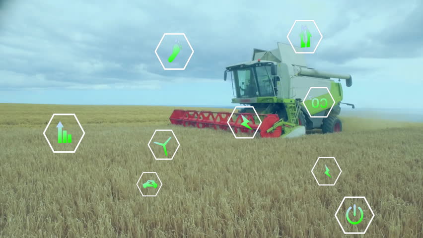 Combine harvester moving through wheat field in flat design, showing cutting header action. Agriculture, machinery, rural, harvest, farmland, industry, productivity